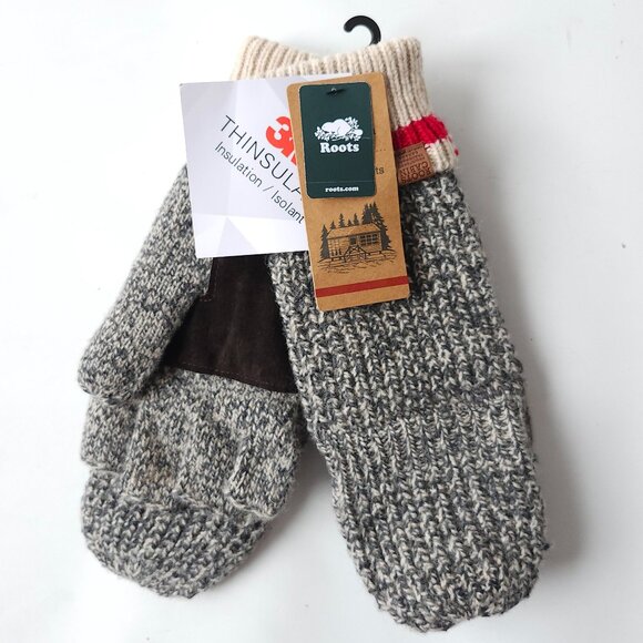ROOTS Cozy Cabin Waffle Slip Knit Mittens S/M Grey Oat Mix Unisex BNWT - Picture 1 of 8